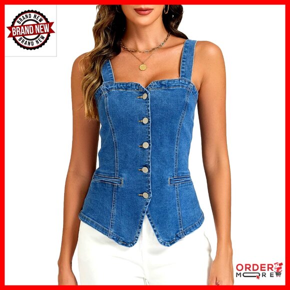 Denim Corset Vest Top Stretchy Adjustable Straps Y2K Tube Waistcoat Casual Wear